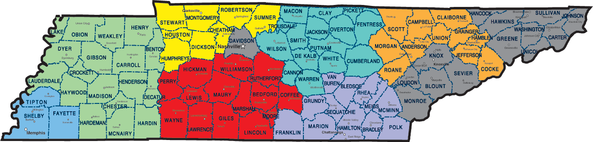 Map of Tennessee showing the groups of counties that youth villages serves