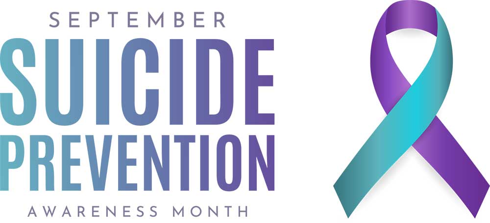 September Suicide Prevention Awareness Month graphic with purple and teal ribbon