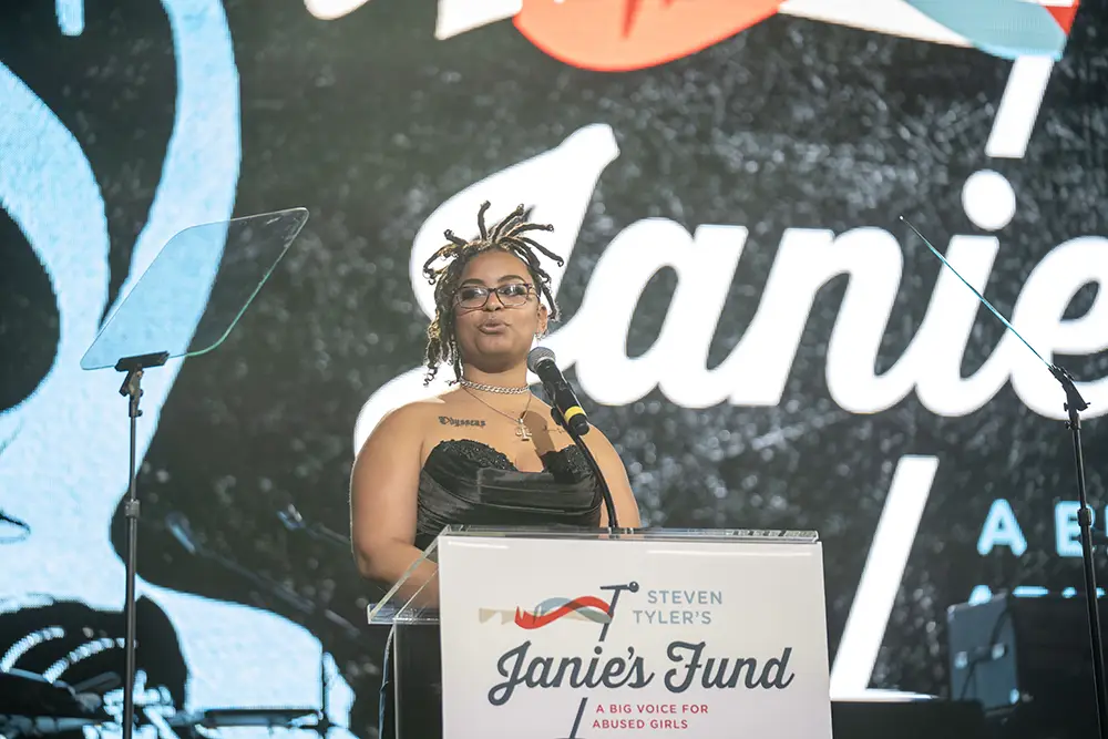 Tyra giving keynote speech at Janie's Fund Grammy Watch Party