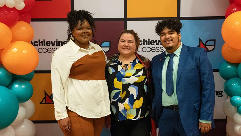 Mariah Hunt, April Curtis, board chair and cofounder of Foster Care Alumni of America, and Dylan Evans at an Achieving Success Convening. Dylan and Mariah are members of the Youth Villages Lived Experience Corps.
